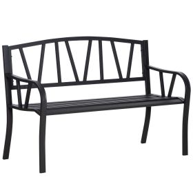 Outsunny 50" Metal Garden Bench, Black Outdoor Bench for 2 People, Park-Style Patio Seating, Decor with Smooth Armrests, Slatted Seat and Backres