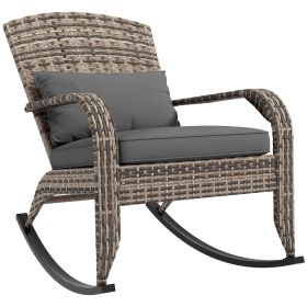 Outsunny Outdoor Wicker Adirondack Rocking Chair, Patio Rattan Rocker Chair with High Back, Seat Cushion, and Pillow for Garden, Porch, Balcony,