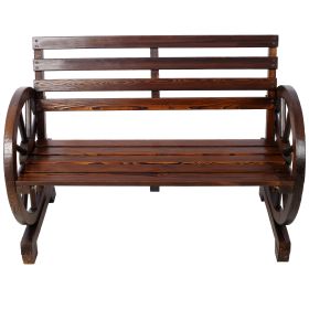2-Person Wooden Wagon Wheel Bench for Backyard, Patio, Porch, Garden, Outdoor Lounge Furniture w/Rustic Country Design