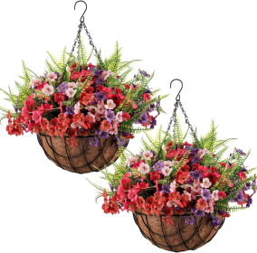 2 Pack Artificial Hanging Flowers with Basket for Outdoors Artificial Fake Hanging Plants Basket Faux Orchid Persian Grass Plants for Spring Summ