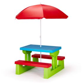 Kids Outdoor Table and Chair Sets with Removable Umbrella, Kids Picnic Table for Backyard Garden Patio, Red & Blue & Green
