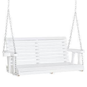 2 Seater Porch Swing Wooden Patio Swing Chair Seat with Cup Holder and Chains Outdoor Swing Bench for Garden Yard, White