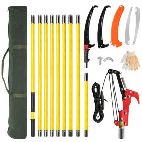 30ft Yellow Manual Trimmer Pole Saw Spiral Splicing With Portable Bag Fiberglass Pole Tool (Color: Yellow)